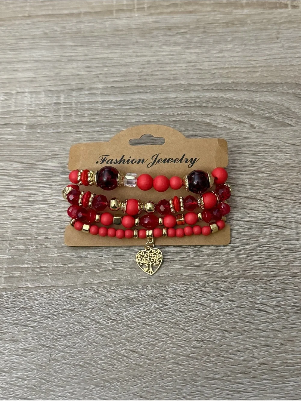 Red & Gold Beaded Bracelet Stack with Tree of Life Heart Charm NWT